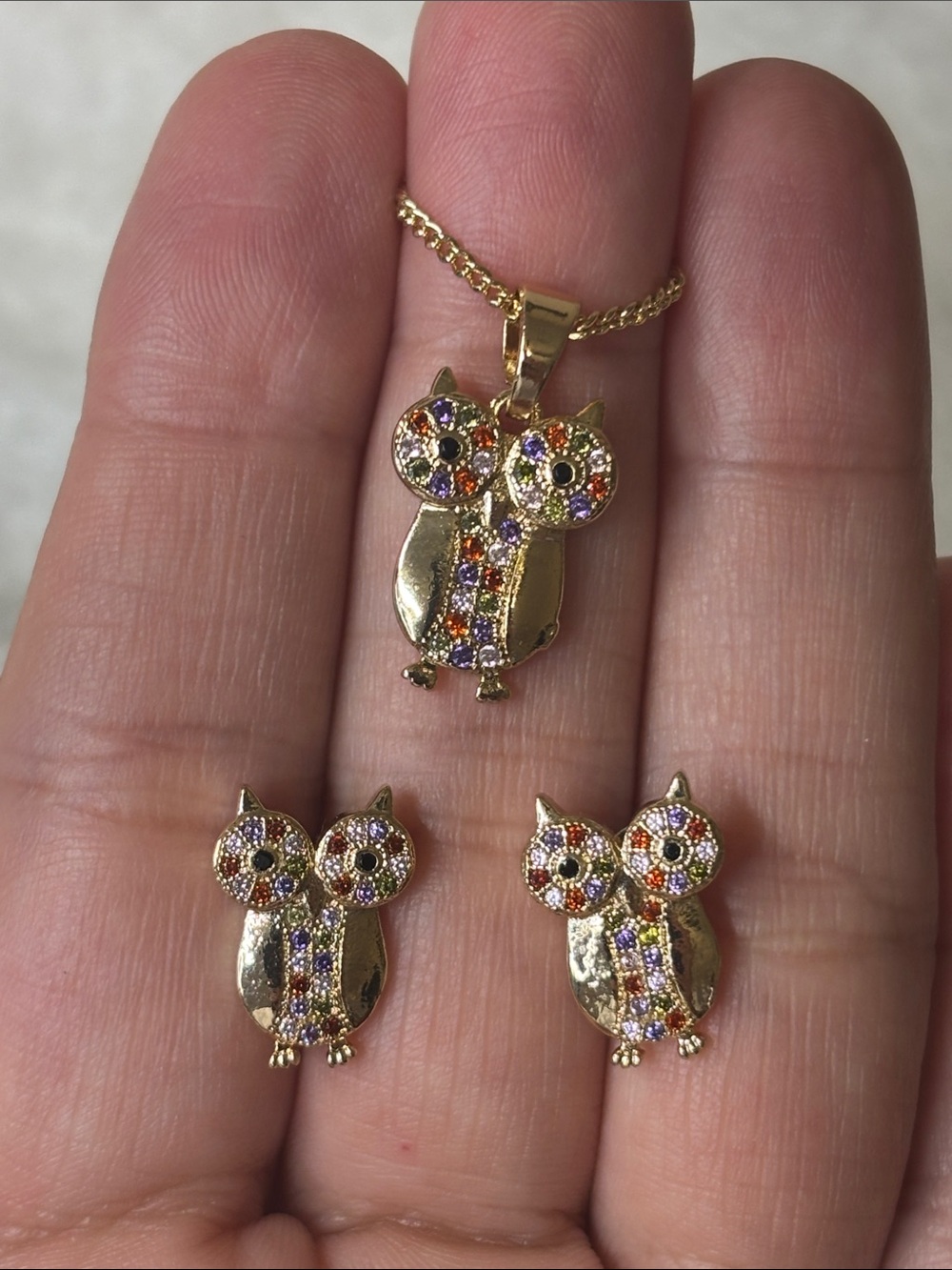 AAA CZ OWL Pave Earrings and Pendant Set 18k Yellow Gold Filled